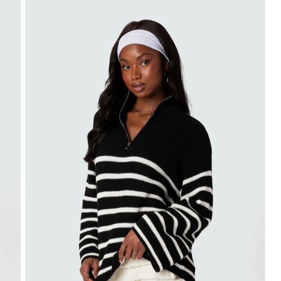 EDIKTED WOMEN BRETONS STRIPE QUARTER ZIP SWEATER NAUTICAL FISHERMANCORE PREPPY - Picture 3 of 16